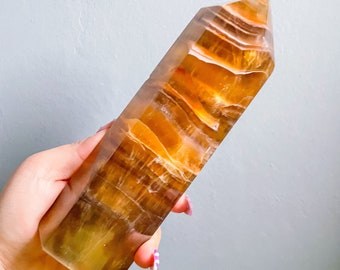yellow Fluorite crystal tower,yellow fluorite tower,premium fluorite crystal point, rare crystal tower,crystal home decoration