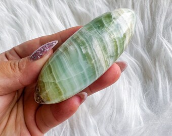 green calcite shiva palmstone | green pistachio calcite