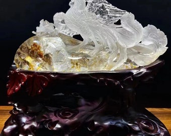 Premium Phoenix with peony golden healer quartz carving  | High end crystal carving | fengshui home decor | rabbit year