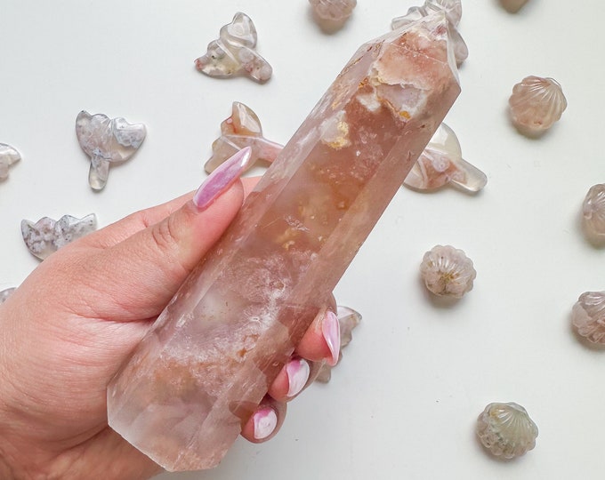 Premium pink flower agate (pk) Crystal tower | pink flower agate crystal tower healing crystal home decor |crystal gift |unique home decor|