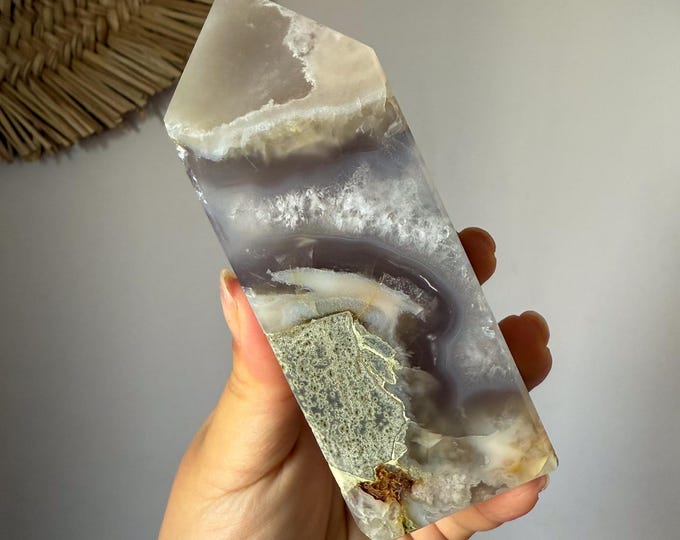 Premium Black flower agate crystal tower healing crystal home decor