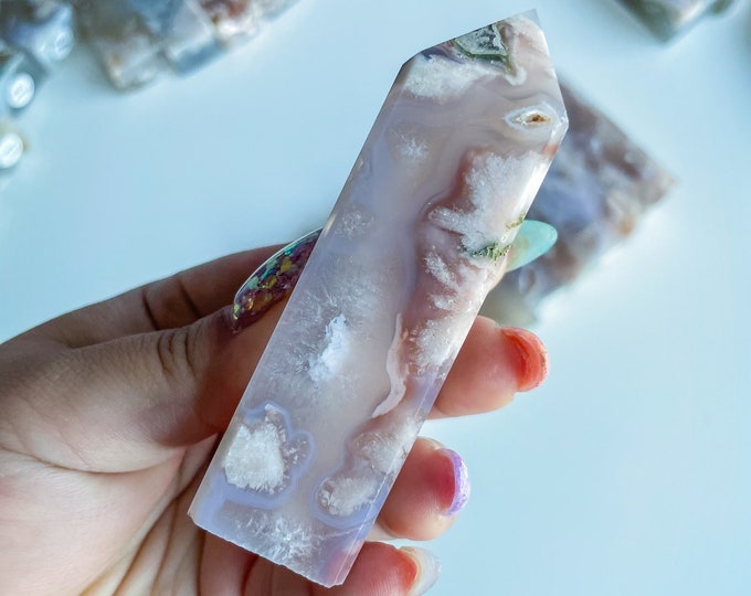 Druzy flower agate geode Crystal tower pink flower agate crystal tower healing crystal home decor