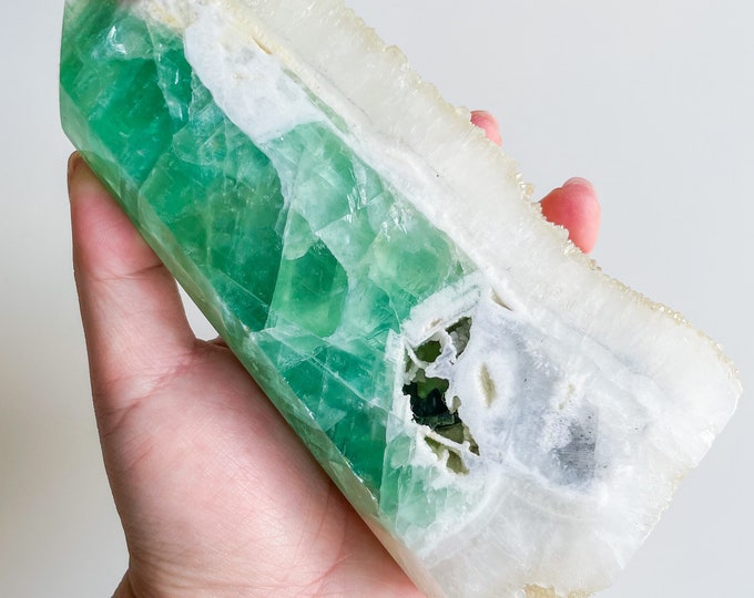 Green Fluorite with clear quartz crystal tower slab  | green fluorite crystal healing crystal home decor
