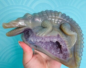 Amethyst Crystal Alligator Hand Carving Sculpture Large Crystal