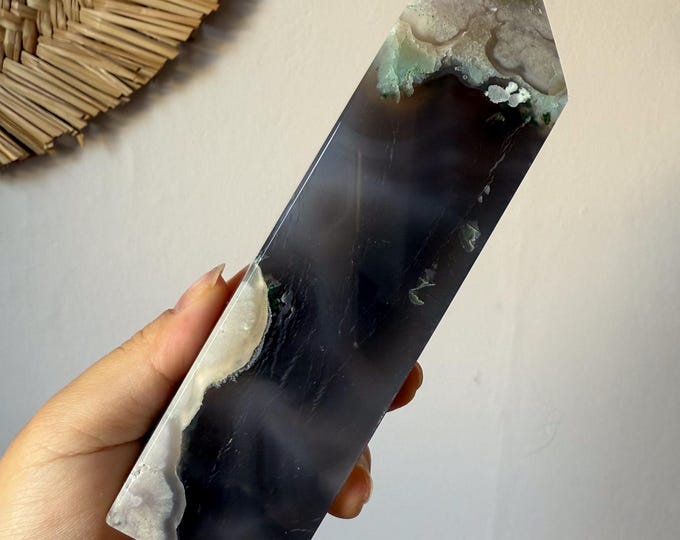 Premium Black flower agate crystal tower healing crystal home decor