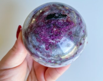 Rubellite with quartz and smoky quartz crystal sphere healing crystal home decor