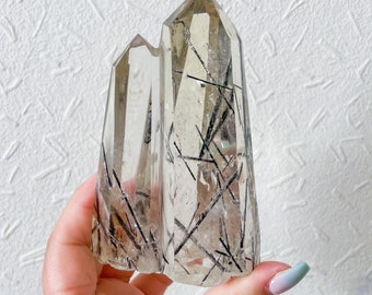 Tourmalated quartz points | Tourmalated smoky quartz twin flame healing crystal home decor