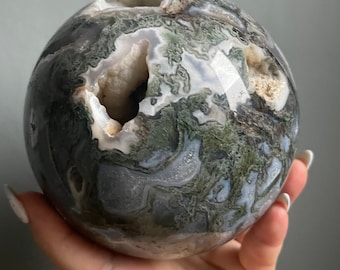 Natural Moss Agate Sphere - High Quality large Druzy Healing Crystal for Home Decor and Meditation