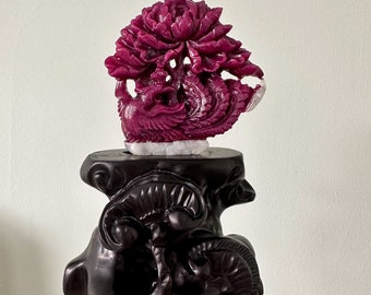 Exquisite Ruby Chinese Master Carving Phoenix under Peony | Chinese Majestic Phoenix with Peony | luxury crystal gift |master hand-carving