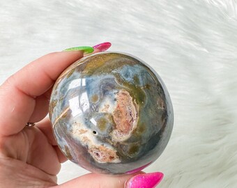 Druzy Ocean Jasper with blue chalcedony crystal sphere| crystal home decor