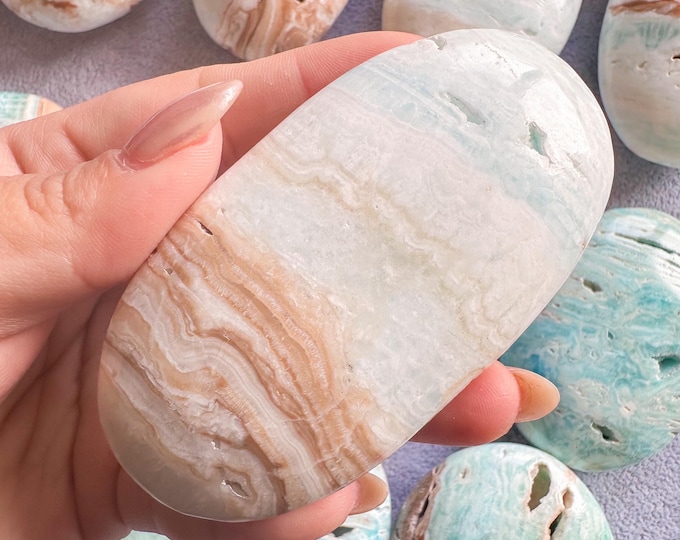 Reiki Healing Caribbean blue calcite palm stone- Crown chakra & Throat chakra Healing crystal