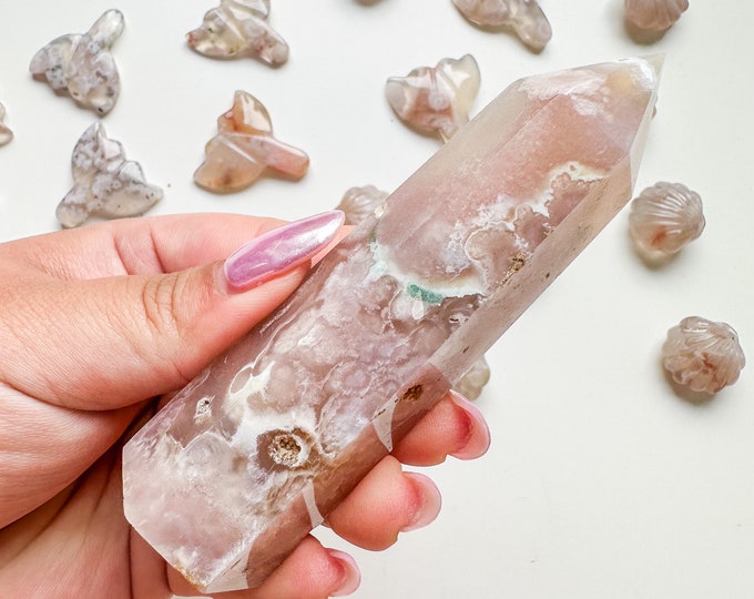 Premium pink flower agate (pk) Crystal tower | pink flower agate crystal tower healing crystal home decor |crystal gift |unique home decor|