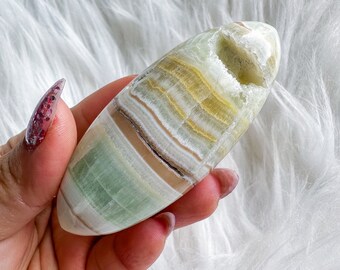 green calcite shiva palmstone | green pistachio calcite