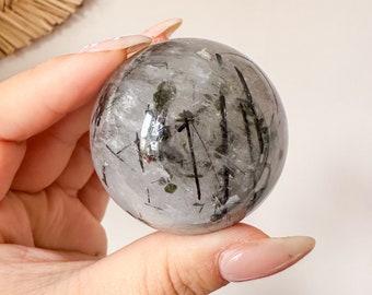 Rare Black Tourmalated quartz with green mica crystal sphere | healing crystal home decoration  | birthstone gifts| wedding anniversary gift