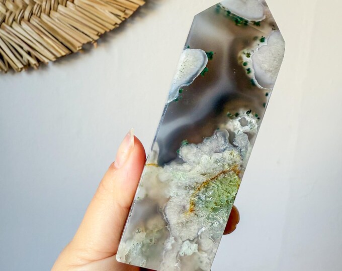 Premium Black flower agate crystal tower healing crystal home decor