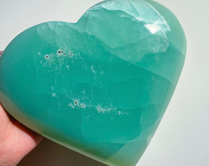 Premium blue pistachio calcite XL large crystal heart healing crystal healing journey home decoration