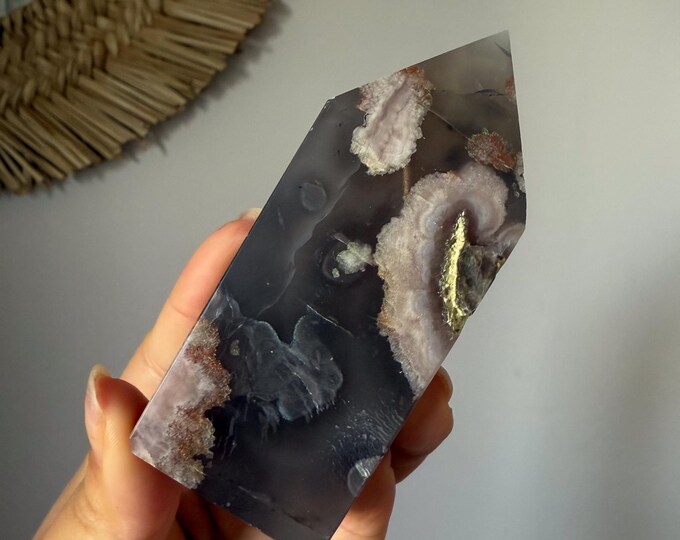 Premium Black flower agate crystal tower healing crystal home decor