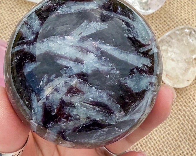 Aquamarine Crystal Sphere with pink tourmaline  Lepidolite,kyanite & Smoky Quartz | Natural Gemstone Sphere | Crystal Decor | Collector Gift