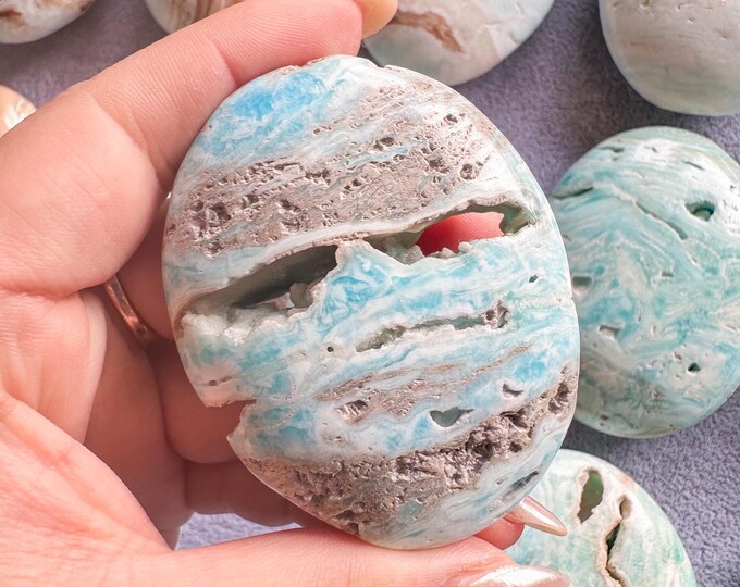 Reiki Healing Blue aragonite palm stone- Throat chakra& root chakra Healing crystal