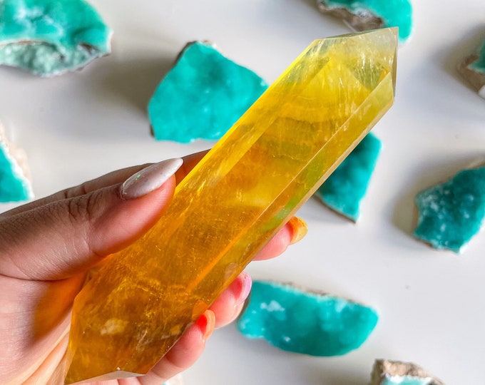 Natural yellow fluorite Double terminated crystal wand crystal healing crystal grid crystal magic home decoration meditation