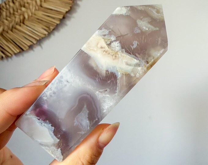 Premium Black flower agate crystal tower healing crystal home decor