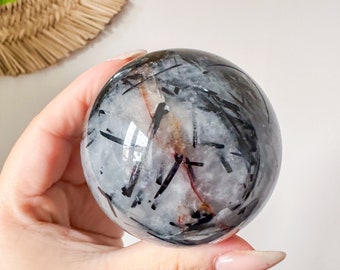 Black Tourmalated quartz crystal sphere | healing crystal home decoration  | birthstone gifts| wedding anniversary gift