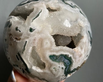 Natural Moss Agate Sphere - High Quality large Druzy Healing Crystal for Home Decor and Meditation