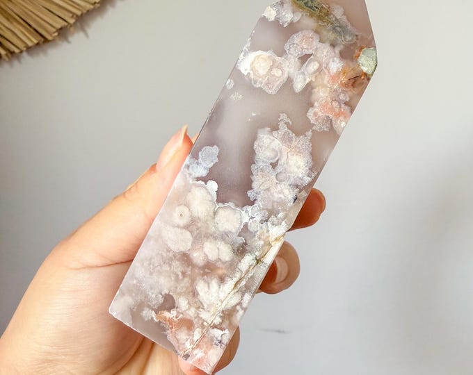 Premium Black flower agate crystal tower healing crystal home decor