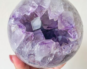 Very Rare ! amethyst superseven with calcite and black mica Geode large crystal Sphere home decor
