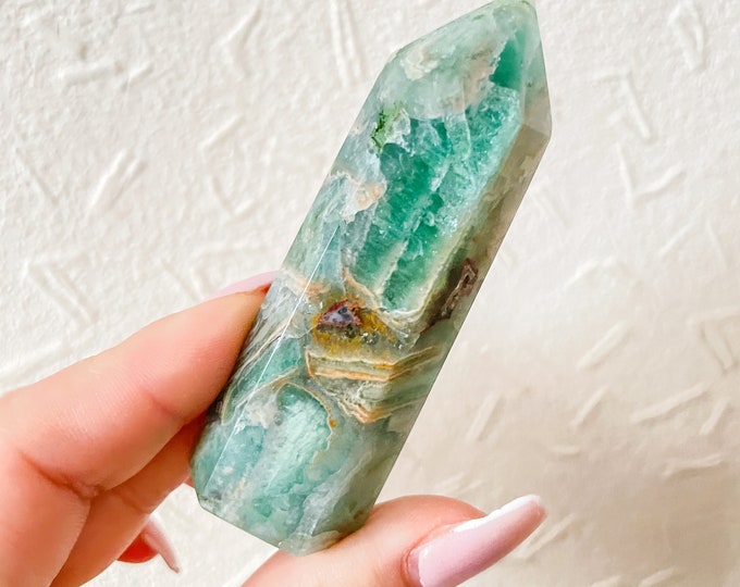 Druzy Fluorite tower, grass fluorite tower, green fluorite crystal point, rare crystal tower, healing journey home decoration
