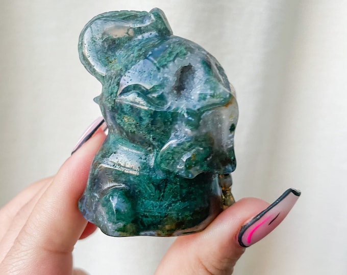 Premium Moss agate elephant crystal animal carving home deco
