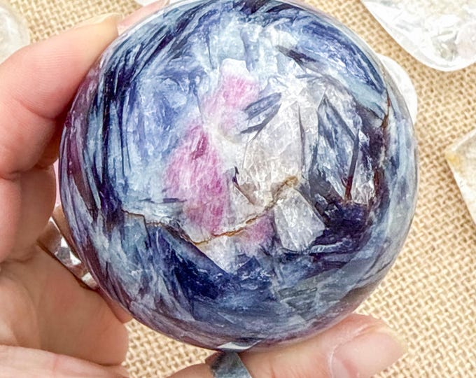 Aquamarine Crystal Sphere with pink tourmaline  Lepidolite,kyanite & Smoky Quartz | Natural Gemstone Sphere | Crystal Decor | Collector Gift