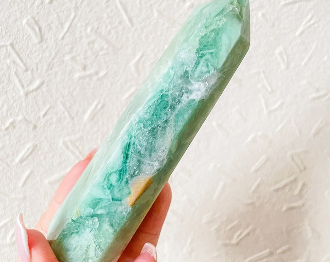 Druzy Fluorite tower, grass fluorite tower, green fluorite crystal point, rare crystal tower, healing journey home decoration
