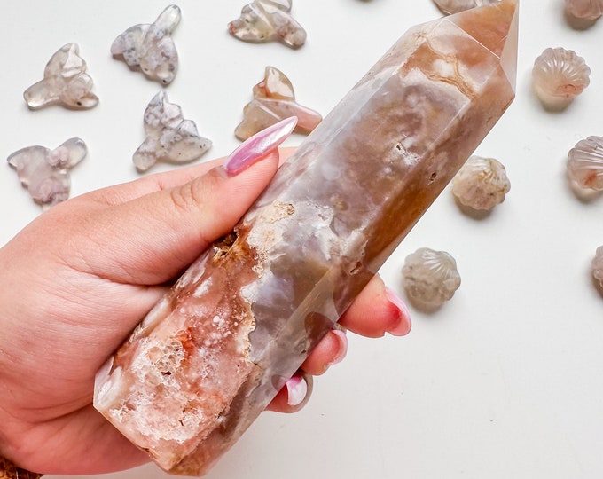 Premium pink flower agate (pk) Crystal tower | pink flower agate crystal tower healing crystal home decor |crystal gift |unique home decor|