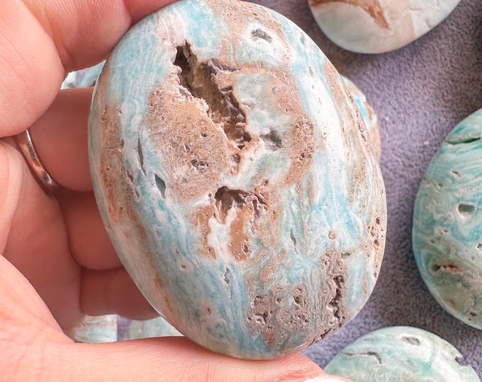 Reiki Healing Blue aragonite palm stone- Throat chakra& root chakra Healing crystal