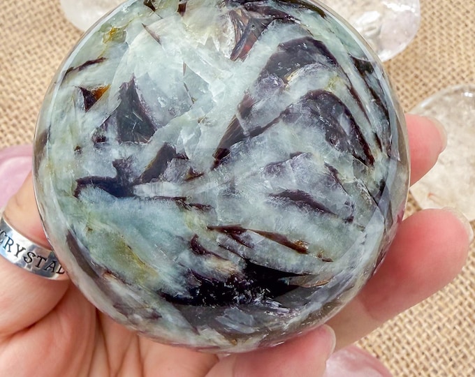 Aquamarine Crystal Sphere with Lepidolite, Tourmaline & Smoky Quartz | Natural Gemstone Sphere | Crystal Decor | Collector Gift