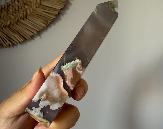 Premium Black flower agate crystal tower healing crystal home decor