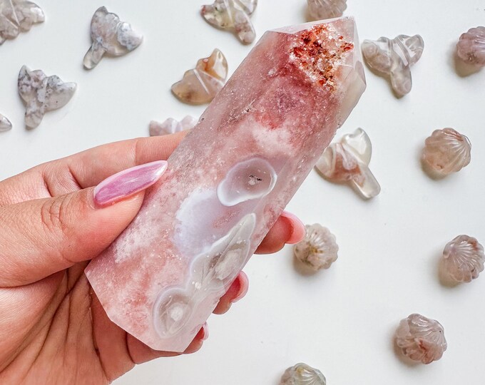Premium pink flower agate (pk) Crystal tower | pink flower agate crystal tower healing crystal home decor |crystal gift |unique home decor|