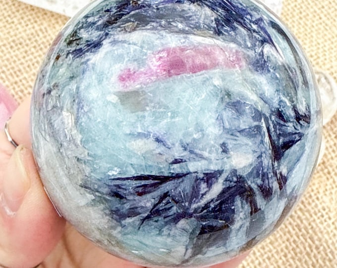Aquamarine Crystal Sphere with pink tourmaline  Lepidolite,kyanite & Smoky Quartz | Natural Gemstone Sphere | Crystal Decor | Collector Gift