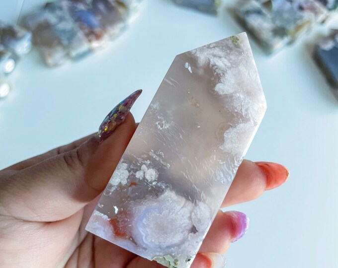 Druzy flower agate geode Crystal tower pink flower agate crystal tower healing crystal home decor