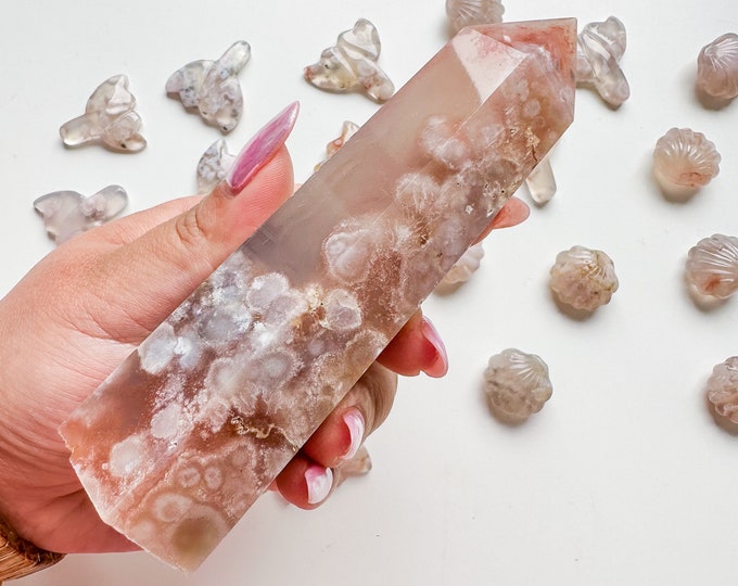 Premium pink flower agate (pk) Crystal tower | pink flower agate crystal tower healing crystal home decor |crystal gift |unique home decor|