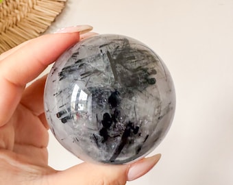 Black Tourmalated quartz crystal sphere | healing crystal home decoration  | birthstone gifts| wedding anniversary gift