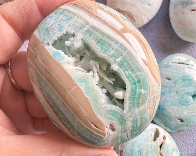 Reiki Healing Blue aragonite palm stone- Throat chakra& root chakra Healing crystal