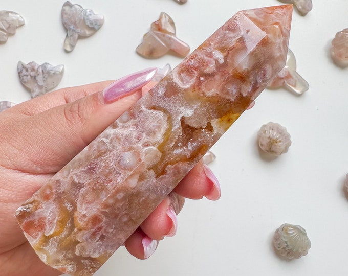 Premium pink flower agate (pk) Crystal tower | pink flower agate crystal tower healing crystal home decor |crystal gift |unique home decor|