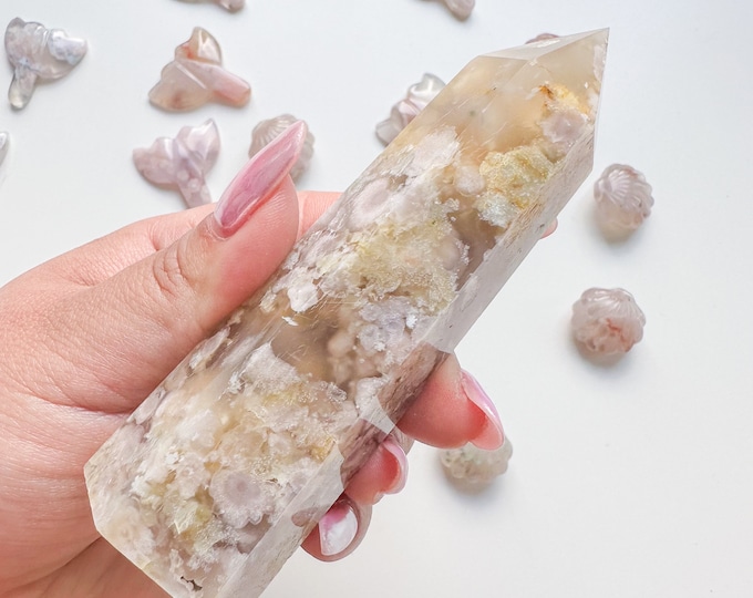 Premium yellow flower agate (pk) Crystal tower | yellow flower agate crystal tower healing crystal home decor |unique home decor|