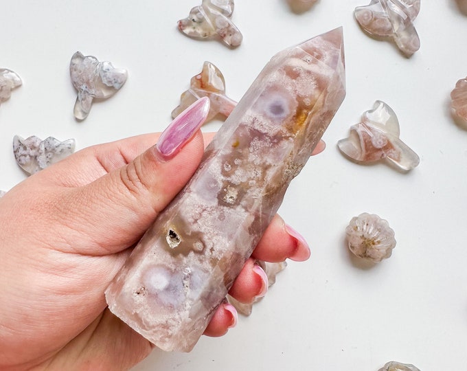 Premium pink flower agate (pk) Crystal tower | pink flower agate crystal tower healing crystal home decor |crystal gift |unique home decor|