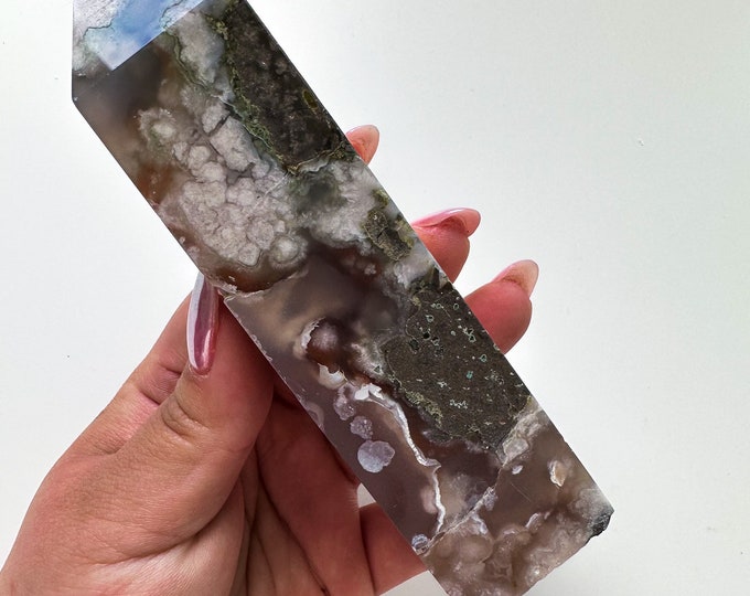 Black Flower agate crystal tower (NT) |flower agate home decoration | flower agate specimen  | unique gift| anniversary gift