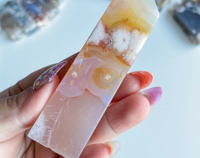 Druzy flower agate geode Crystal tower pink flower agate crystal tower healing crystal home decor