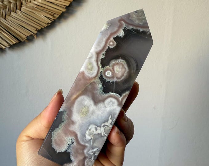 Premium Black flower agate crystal tower healing crystal home decor