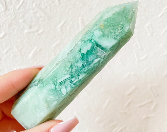 Druzy Fluorite tower, grass fluorite tower, green fluorite crystal point, rare crystal tower, healing journey home decoration
